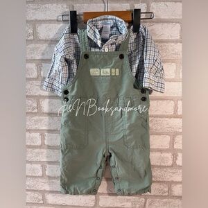 Boys Janie & Jack Button Down Shirt And Lined Grasshopper Overalls Set Size 3-6M